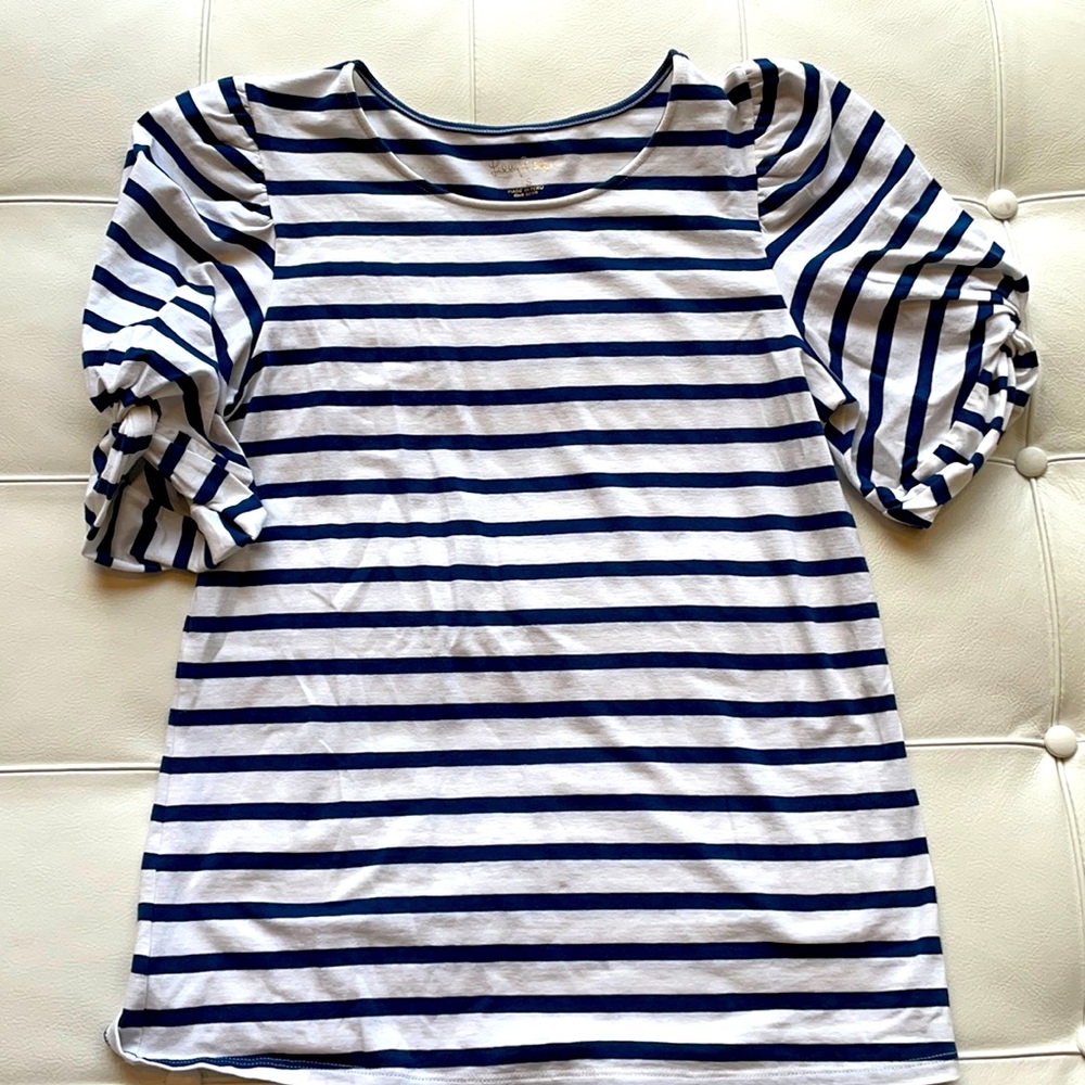 Lily Pulitzer Puffed short sleeves scoop neck Blouse STRIPED Navy Blue White